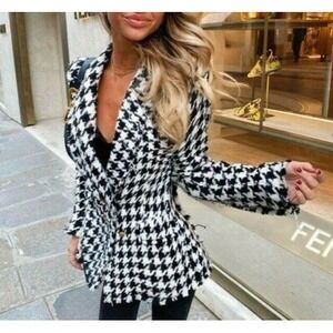 Zara houndstooth double-breasted blazer‎ size S black/ecru NWT blogger fave